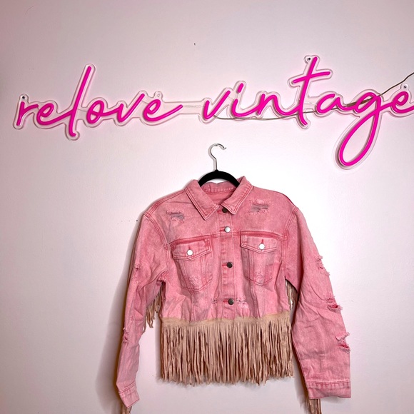 Jackets & Blazers - Pink Cropped Distressed denim jacket with Fringe-NWT